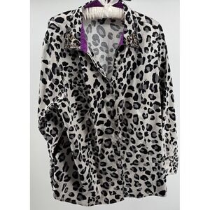 Lane Bryant Leopard Print Button Down Womens Sz 26 Plus Purple Jeweled Collar
